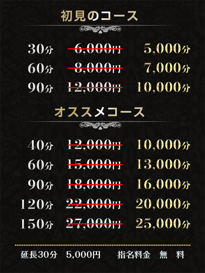M・Touch 各種コース料金表
